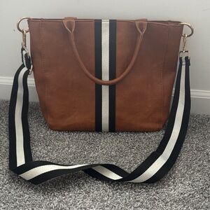 Brown Leather Tote Bag with Striped crossbody Strap